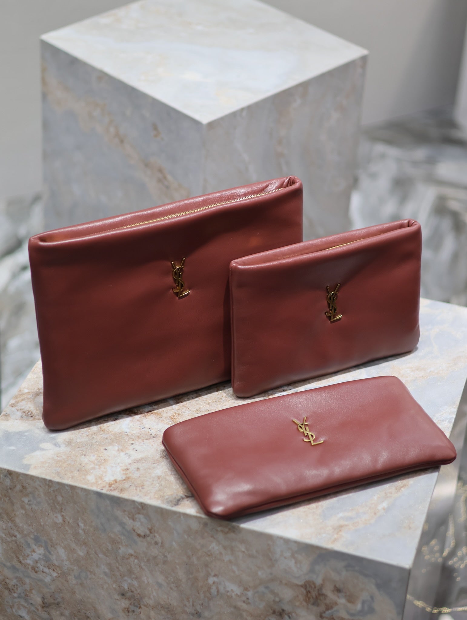 Burgundy leather small bag set with gold YSL logo, long and compact clutches