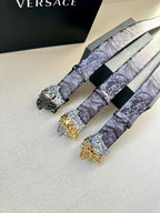 Set of floral belts with Medusa buckles in silver and gold tones