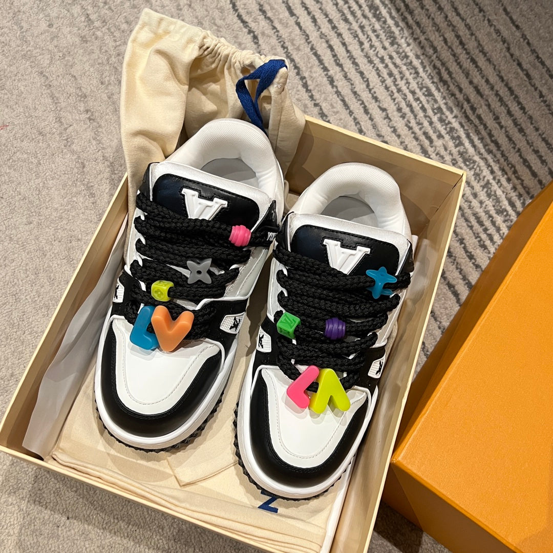 Louis Vuitton trainer sneakers in box, white/black uppers with multicolor lace accents
