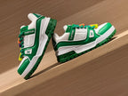 Green-and-white low-top sneakers with LV side patch and colorful lace details