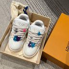 Louis Vuitton trainer shoes in box, white with blue and purple strap decorations