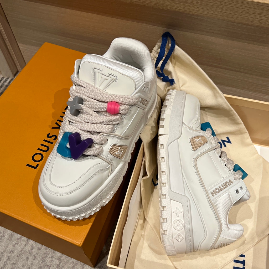 Louis Vuitton trainer shoes in orange box, white with blue lace and colorful charms
