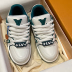 Louis Vuitton trainer sneakers, white with teal tongue tags and LV-pattern heel detail