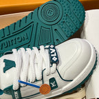 Louis Vuitton sneaker outsole and toe close-up, teal tread with white upper