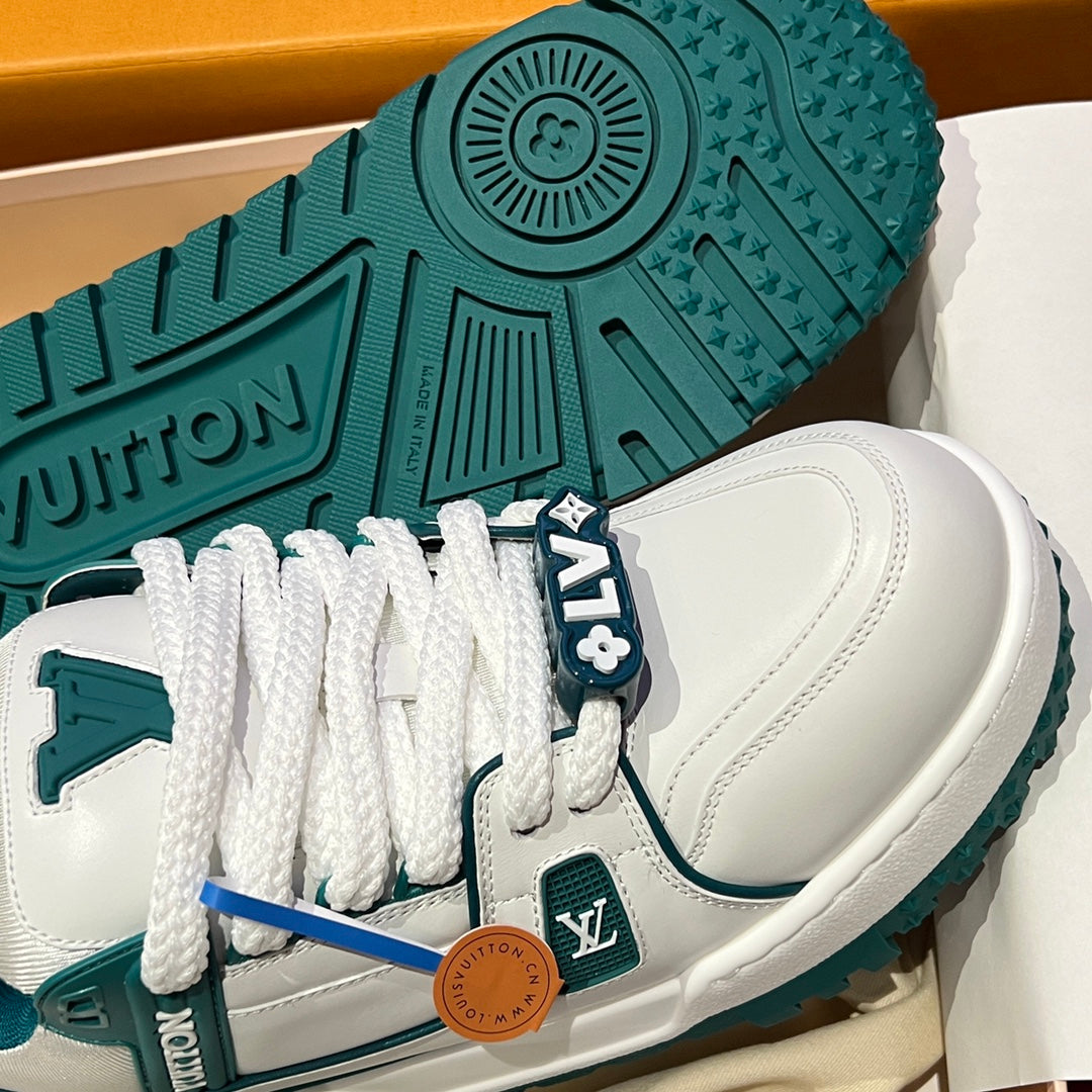 Louis Vuitton trainer sneakers outsole and heel, teal rubber tread with branding
