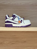 White and purple low-top sneakers with side logo and lace-up closure