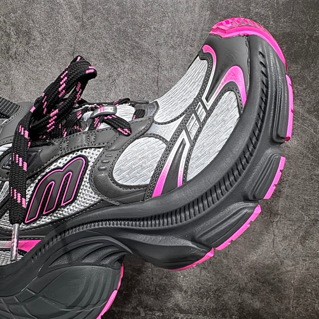 Balenciaga chunky sneaker, close side view; gray mesh upper, black sole, neon pink edge