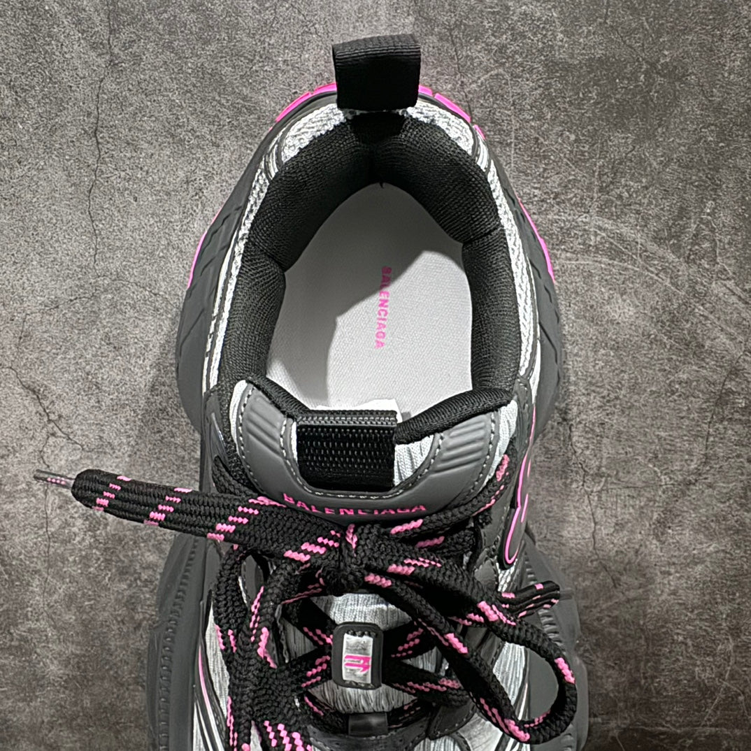 Balenciaga sneaker, interior heel view; black lining with laces and neon pink details