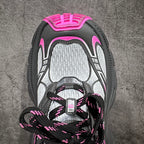 Balenciaga chunky sneaker, toe and tongue view; gray mesh with black laces, pink accents