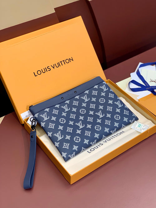 Men's small Louis Vuitton crossbody bag in navy with white monogram pattern