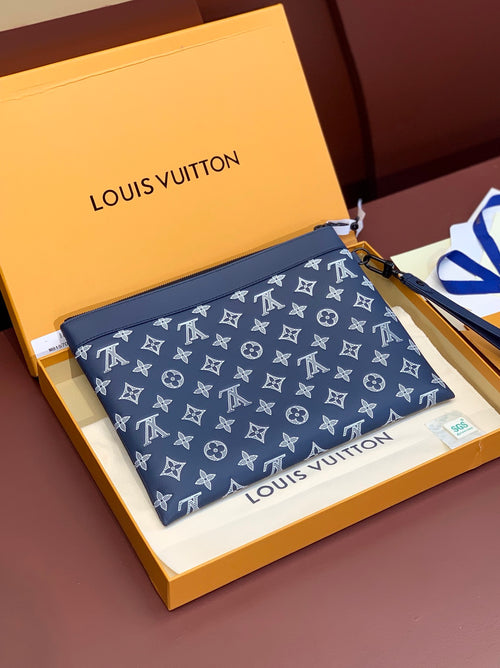 Men's small Louis Vuitton clutch-style bag in navy with white monogram print
