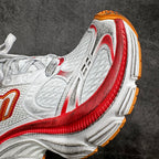 Balenciaga unisex sneakers, close-up of heel and side in white with red and orange