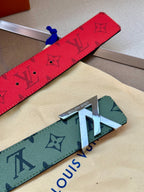 Red and green-gray monogram belts with metal buckle and LV-style motifs