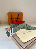 Logo monogram belt in green-gray with red inner lining and gold-tone buckle