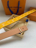 Yellow monogram leather belt with silver LV buckle and tan back strap