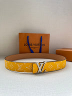 Yellow monogram leather belt with silver LV buckle and adjustable holes