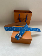 Blue monogram belt laid across orange boxes