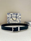 Dior leather belt in dark navy textured leather with silver buckle and logo strap