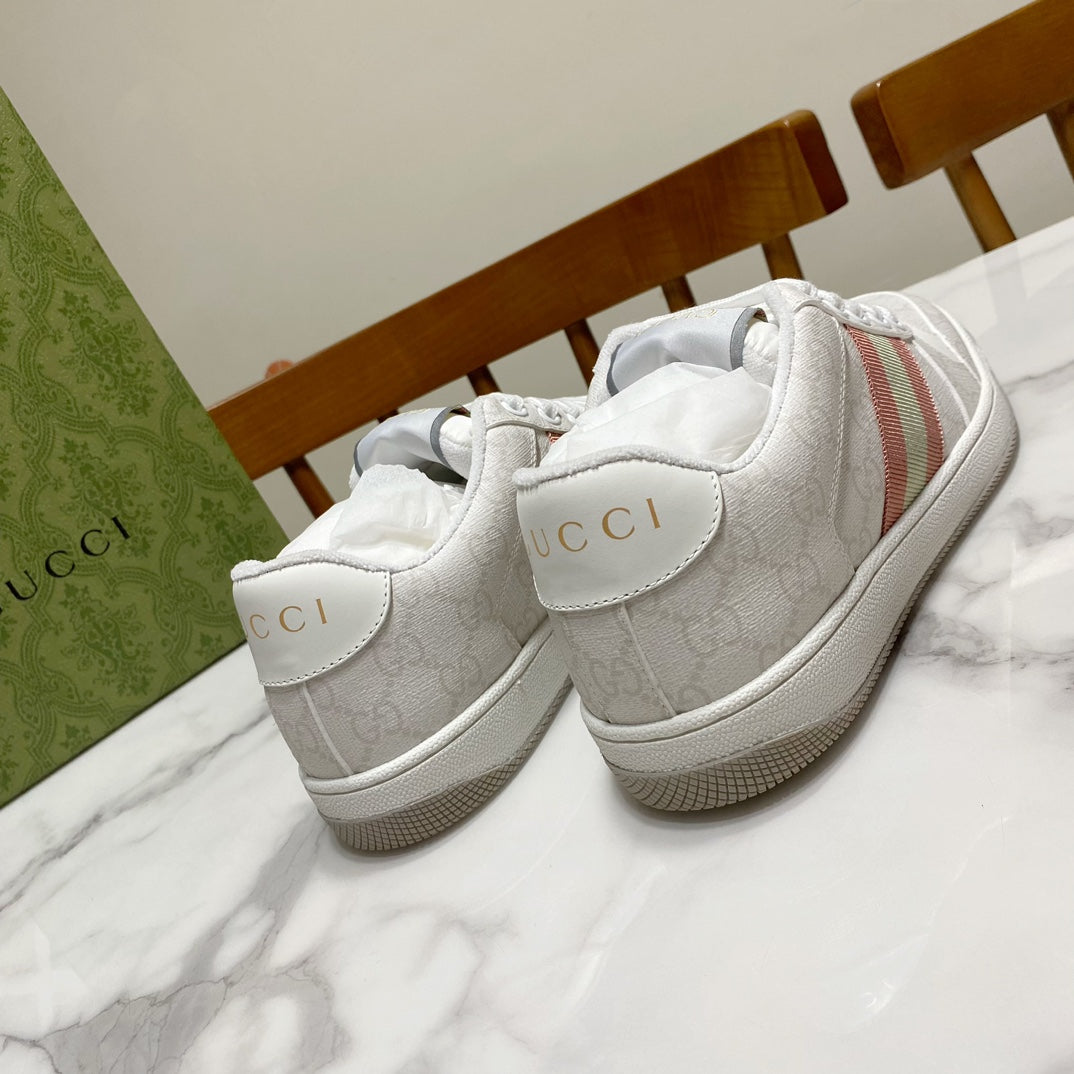 White Gucci unisex sneakers, rear view with textured heel and signature logo patches