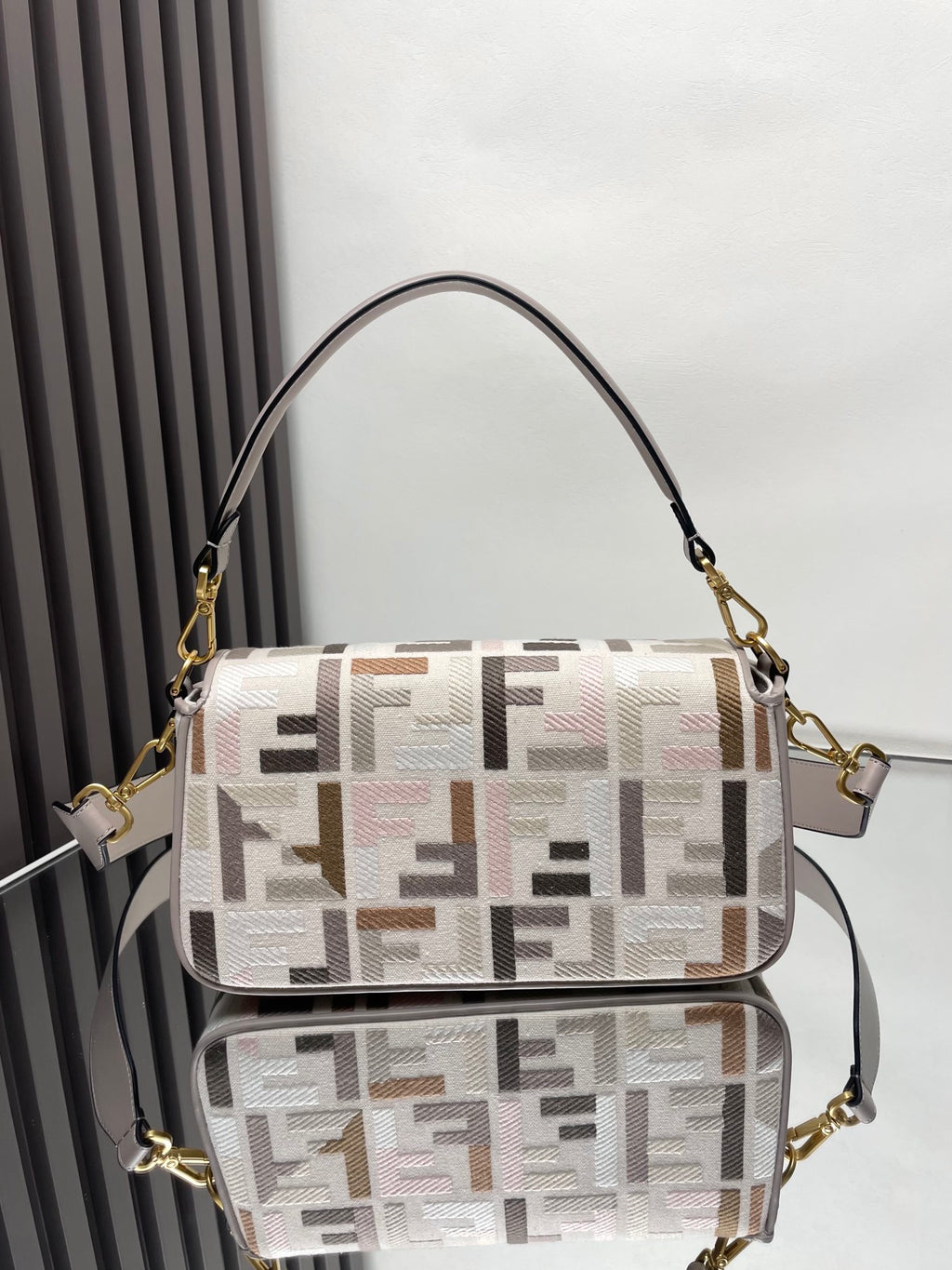 Fendi crossbody bag with F-end monogram flap, gold hardware, taupe strap