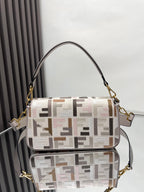 Fendi crossbody bag with F-end monogram flap, gold hardware, taupe strap