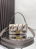 Fendi crossbody bag with F-end monogram, gold hardware, taupe strap