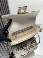 Fendi bag open top with beige lining and gold-tone hardware, F-end exterior
