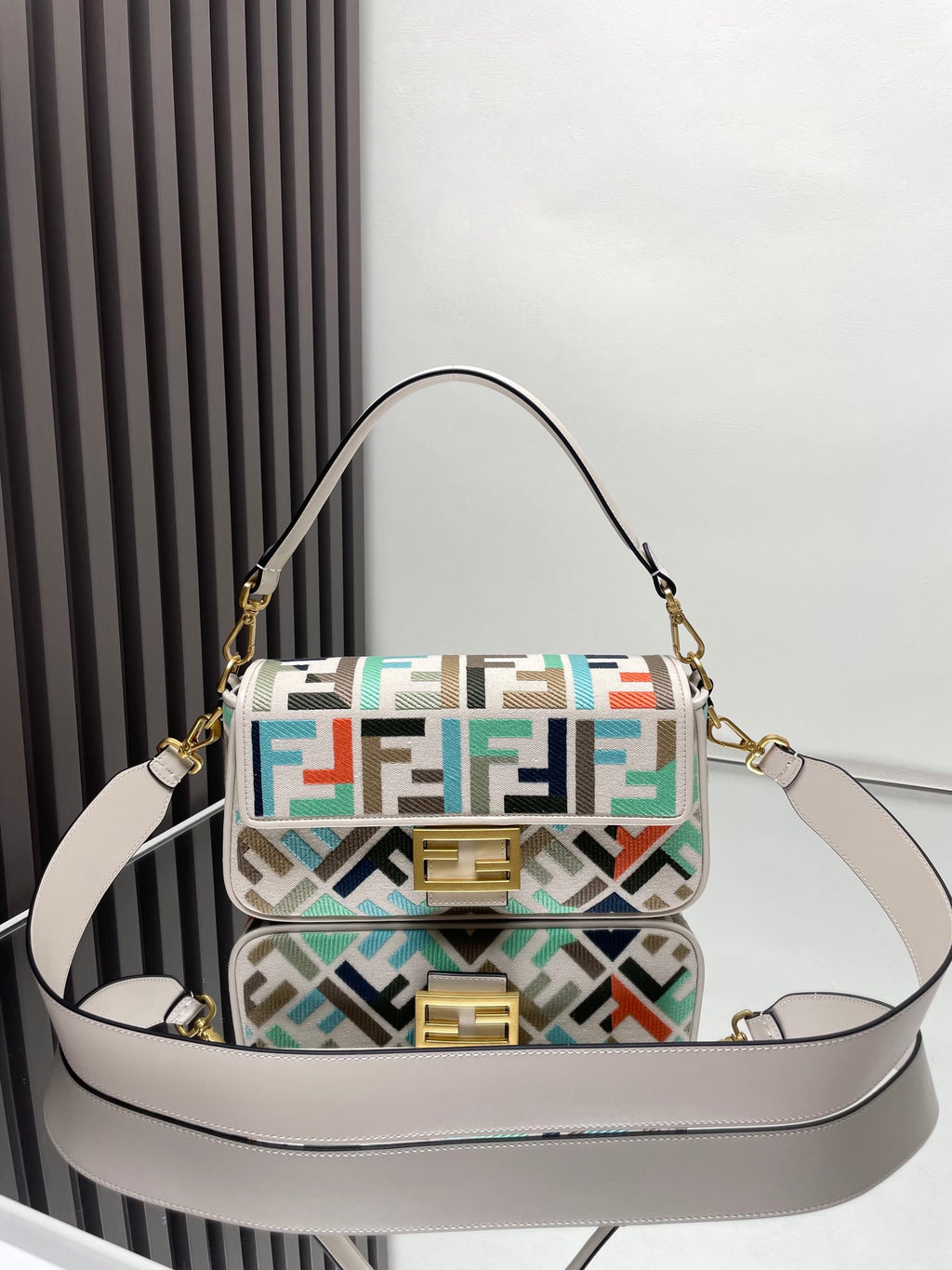 Fendi baguette bag, multicolor FF jacquard flap, gold hardware, shoulder strap