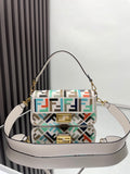 Fendi baguette bag, multicolor FF jacquard flap, gold hardware, shoulder strap