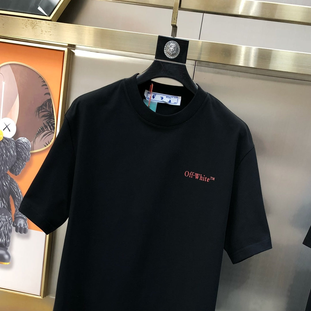 Off-White™ black T-shirt front with small red logo detail