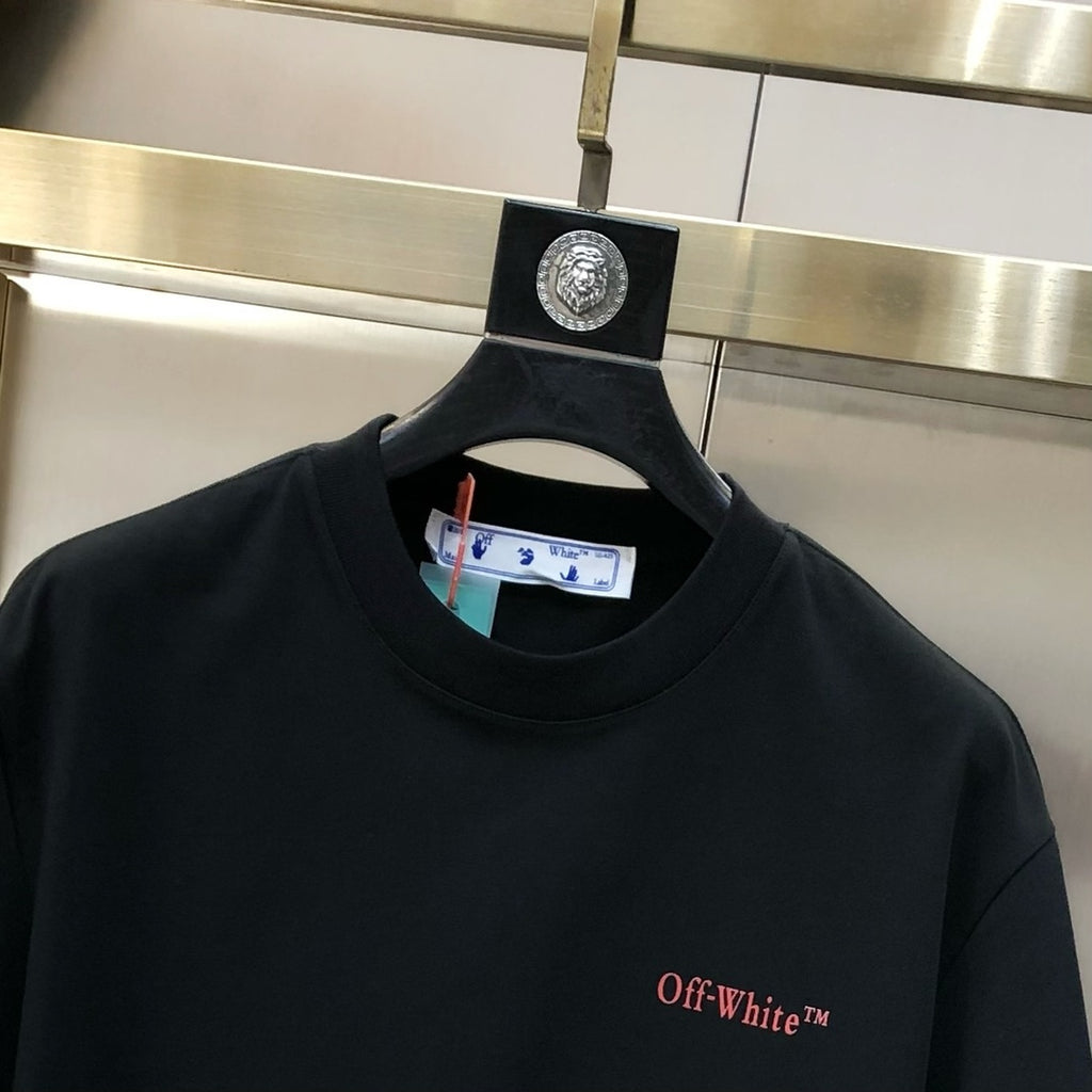 Off-White™ black T-shirt close-up with red chest logo