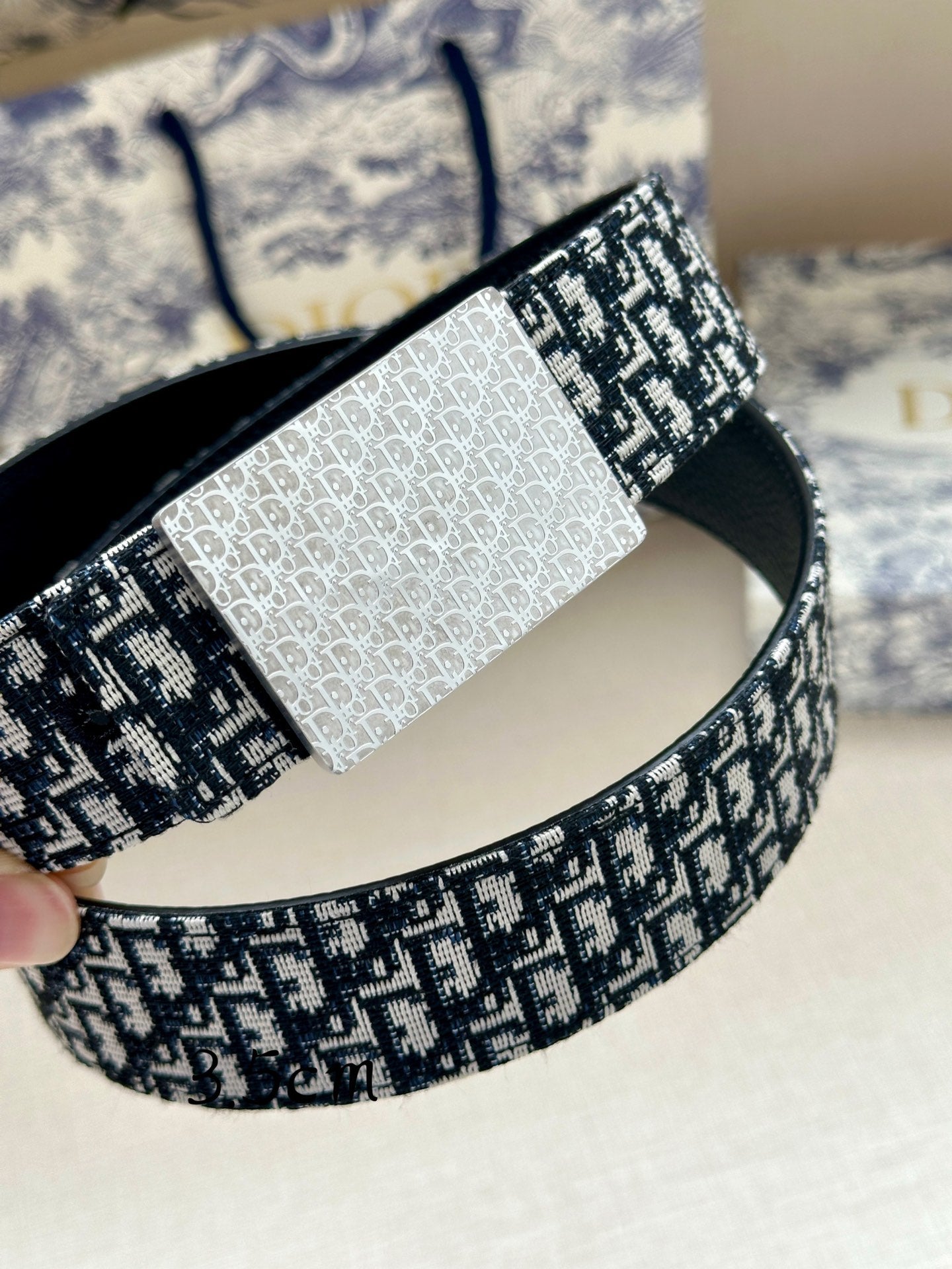 Dior belt close-up showing textured black and white logo pattern and silver center panel