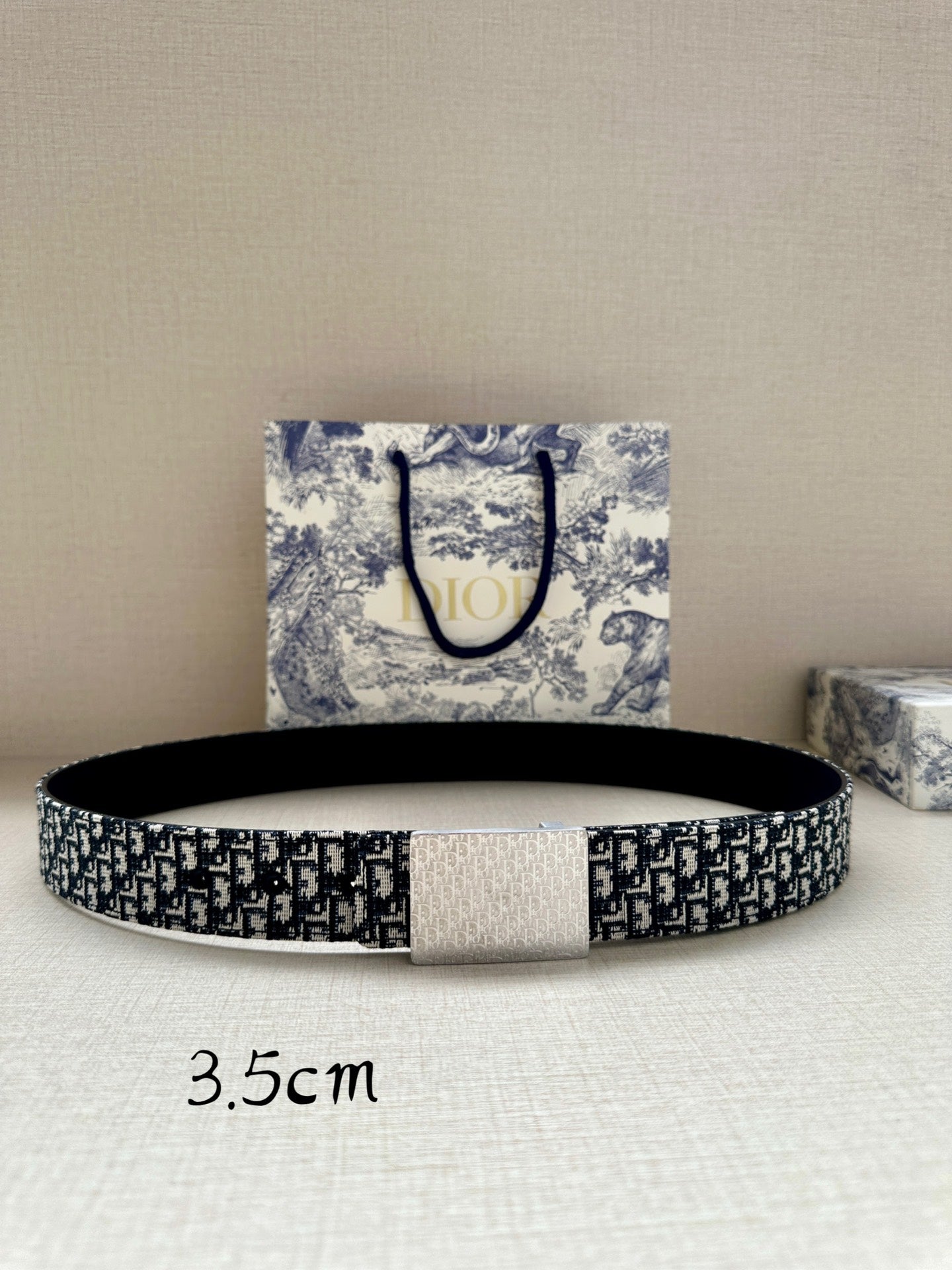 Dior belt with black and white patterned strap and rectangular silver-toned buckle