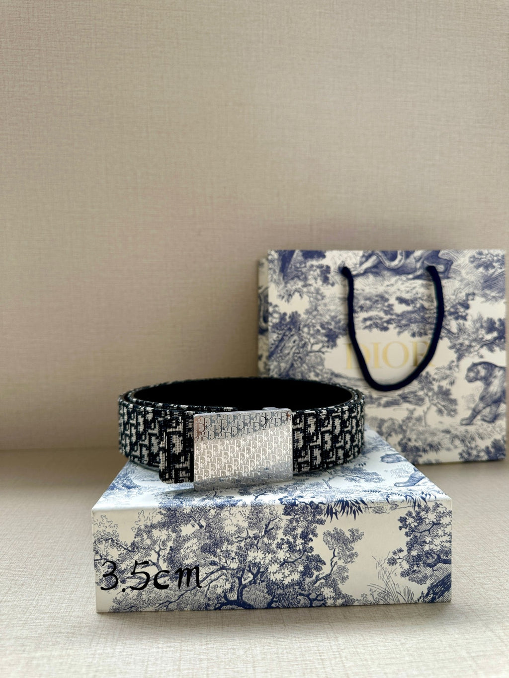 Dior belt on a branded box, black and white patterned strap with silver buckle
