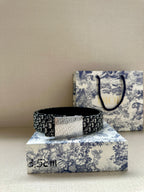 Dior belt on a branded box, black and white patterned strap with silver buckle