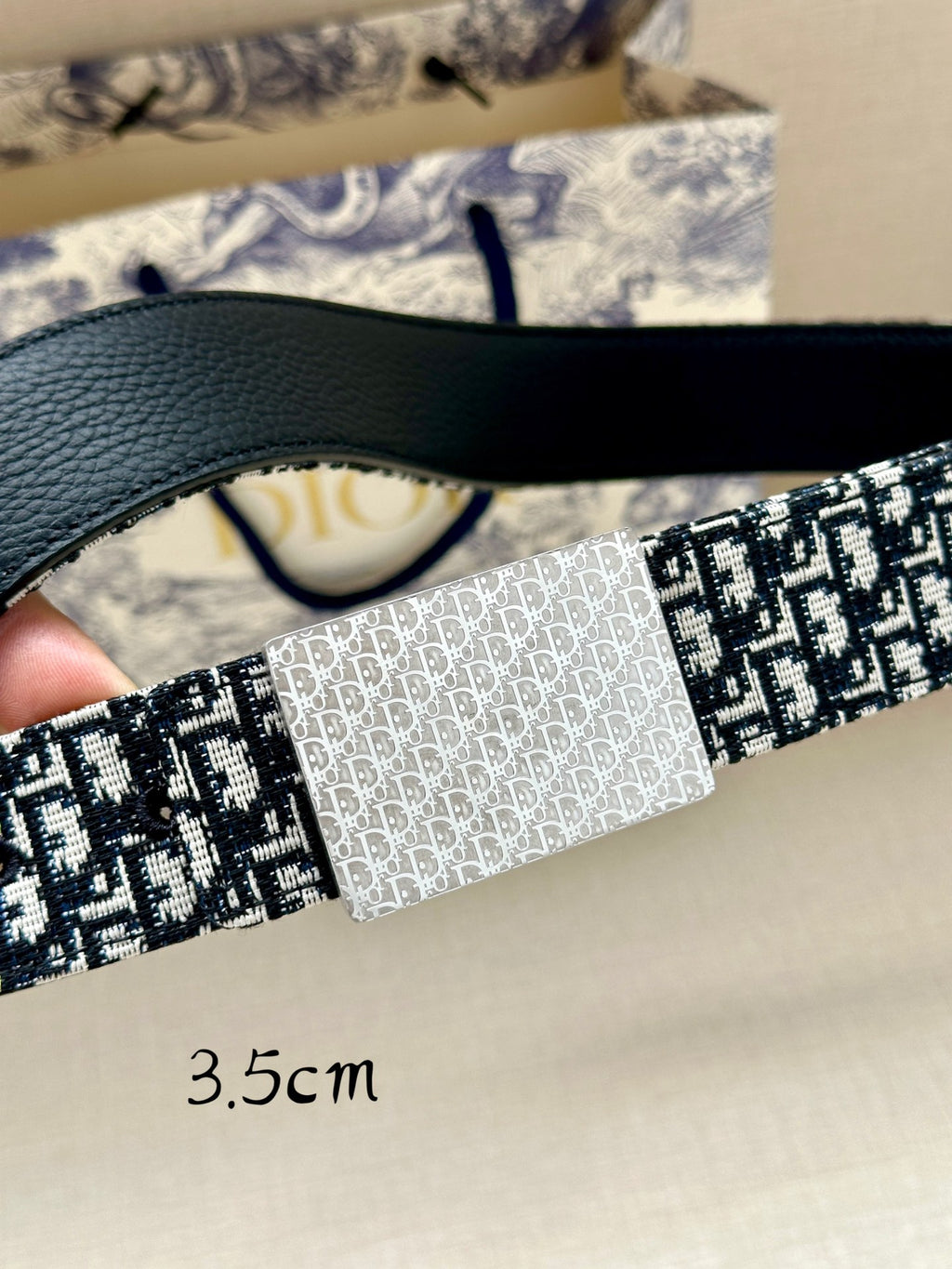 Dior belt close-up with black and white patterned strap and silver-toned center plate