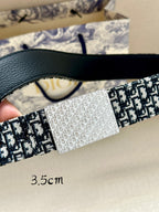 Dior belt close-up with black and white patterned strap and silver-toned center plate