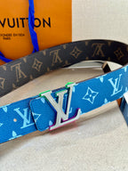 Louis Vuitton blue monogram belt with large silver LV buckle and green accents