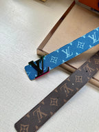 Louis Vuitton blue and brown monogram belts with metal buckles