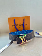 Louis Vuitton monogram belt with blue patterned strap and LV multicolor buckle