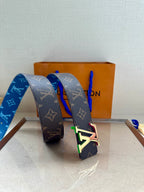 Louis Vuitton monogram belt, blue strap, green and purple LV buckle