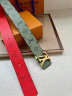 Louis Vuitton monogram belt with light green strap, multicolor buckle, red strap