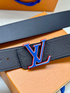 Louis Vuitton belt strap close-up with LV logo buckle, textured dark leather