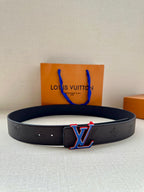 Louis Vuitton leather belt with textured strap and LV logo buckle, dark blue