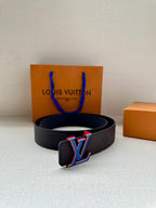 Louis Vuitton leather belt with LV logo buckle and punched holes, dark blue