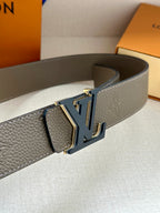 Gray leather belt with gold-toned buckle and LV monogram