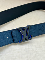 Blue leather belt with textured grain, LV buckle, and monogram-embossed strap