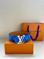 Blue monogram belt with large gold-toned LV buckle