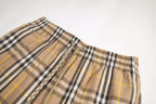 Plaid shorts waistband with elastic band and drawstring tie, beige black and yellow