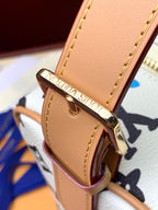 Louis Vuitton tan leather strap clasp with gold hardware and red stitching, monogram canvas